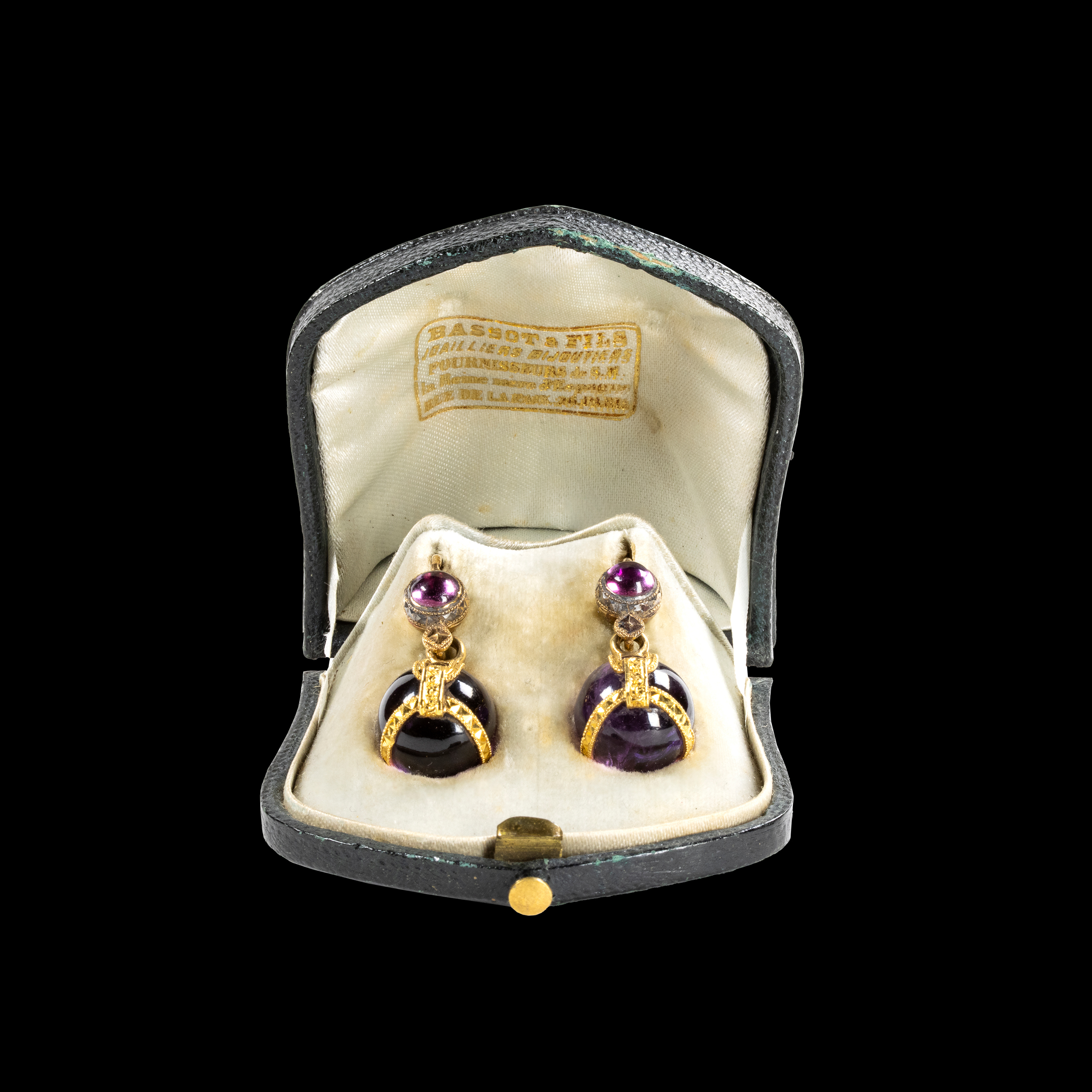 Bassot et Fils (Paris). A pair of gold and amethyst earrings.